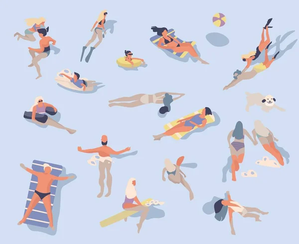 Gente nadando. Personajes de dibujos animados haciendo actividades de verano en el agua, natación tomando el sol surfing — Vector de stock