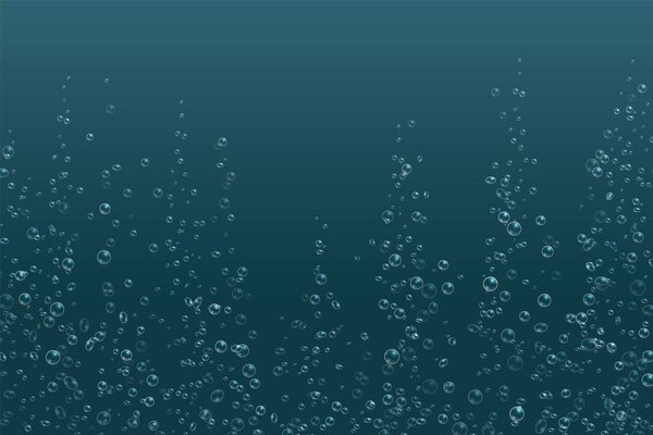 Bubbles underwater texture. Fizzy sparkles in water, sea, aquarium, ocean. Vector illustration bubbles into drinks on blue background