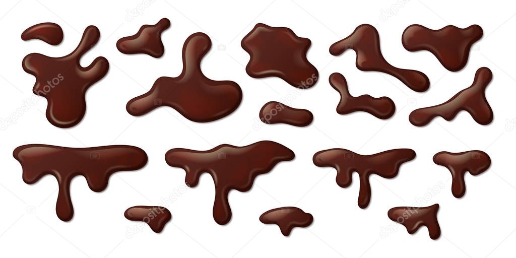 Realistic melted chocolate. Liquid drips and splashes of dark brown syrup on white background. Vector isolated 3D chocolate