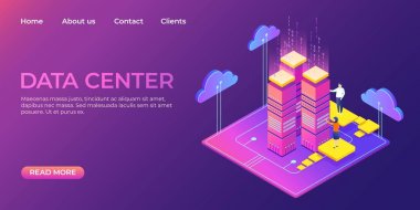 Veri merkezi açılış sayfası. Bilgi veritabanı isometrik web sitesi şablonu. Sunucu iş teknolojisi web konsepti, vektör resimli iş infografik web sayfası