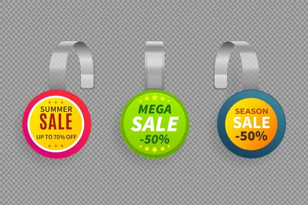 Vendita di Wobbler. Modello 3D wobblers supermercato piegato. Sconto negozio tag plastica vettore isolato mockup set — Vettoriale Stock