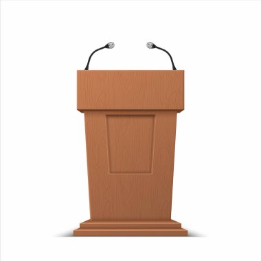 Realistic debate stage. 3D conference speech tribune, business presentation stage stand with microphones. Vector isolated illustration clipart