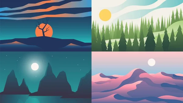Landschaftsbilder. flacher Nachthimmel mit Bergen am Horizont, Cartoon-Naturkulisse. Vektor Outdoor-Abenteuer abstraktes Set — Stockvektor
