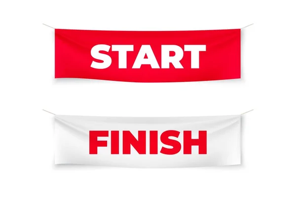 Start en voltooi realistische banners. Vlaggen voor outdoor sportevenement. Vector streamers voor competitie race, run marathon — Stockvector