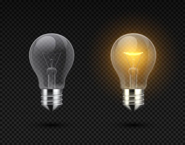 リアルな電球。光る黄色と白の白熱フィラメントランプ、オンとテンプレートの電気。ベクトル電球セット — ストックベクタ
