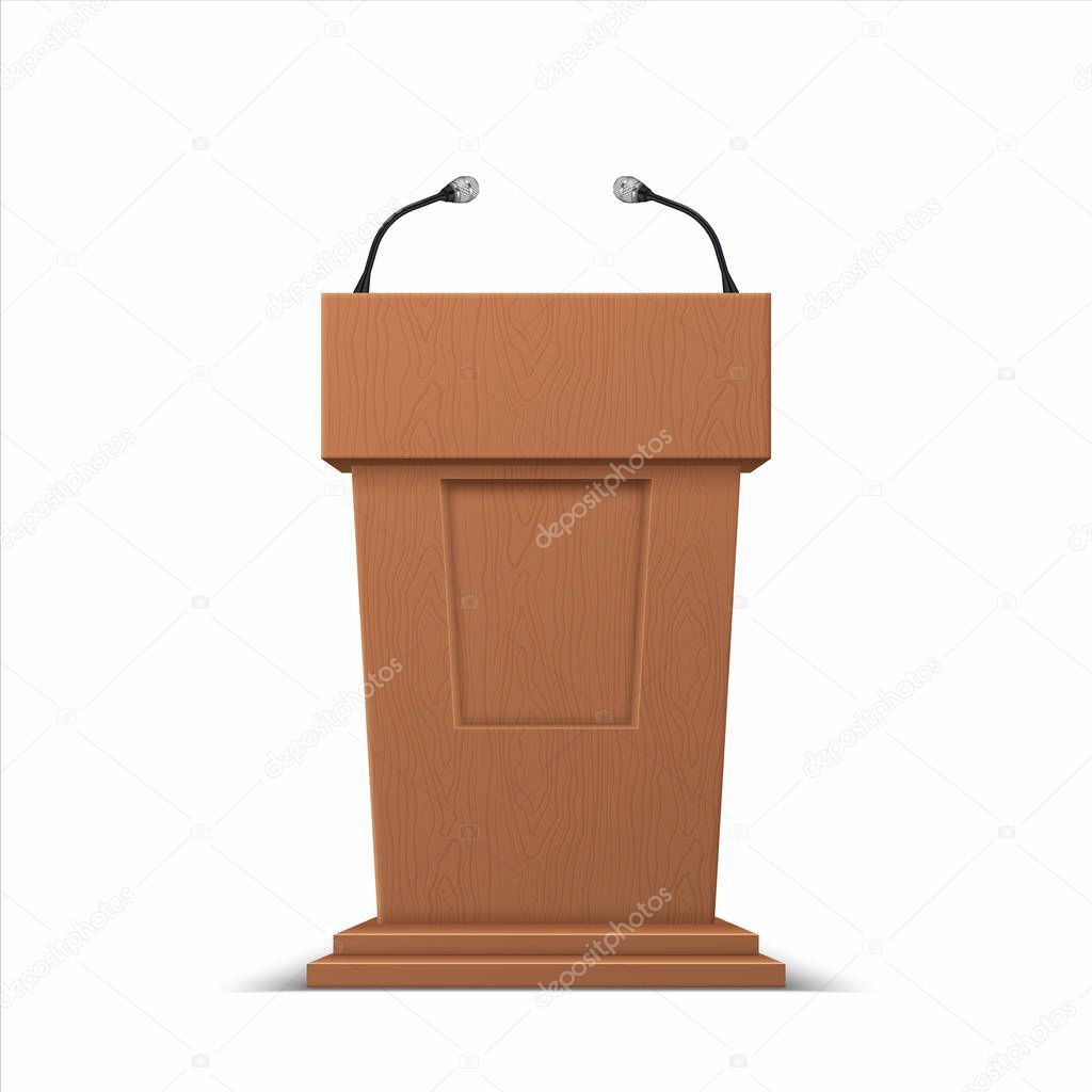 Realistic debate stage. 3D conference speech tribune, business presentation stage stand with microphones. Vector isolated illustration