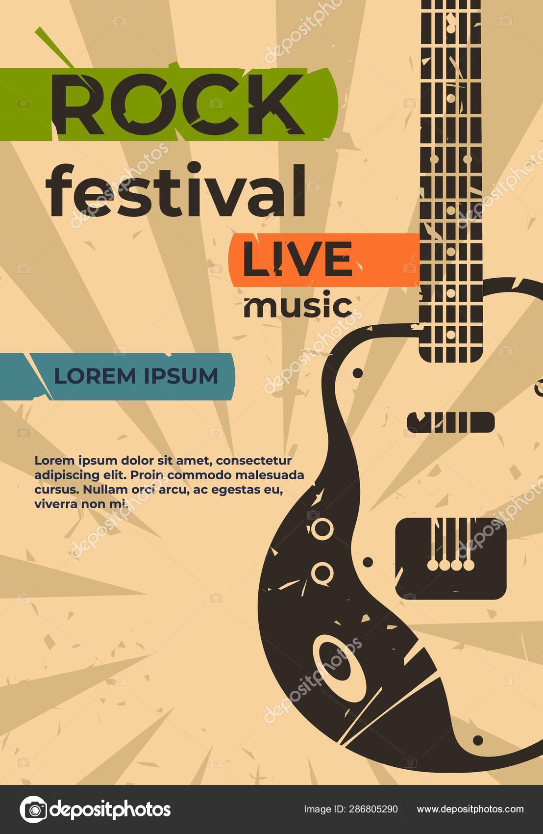 기타 포스터입니다. 음악 재즈 록 콘서트 또는 파티 전단지, 축제 쇼 또는 이벤트 레트로 그런지 카드. 일렉트릭 기타가 있는 벡터  플래카드 스톡 벡터 - ©SpicyTruffel 286805290, image size:1108x1700