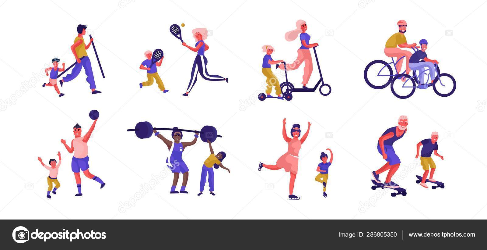 Parents and children sport activities. Cartoon active family characters  playing games and spending time together. Vector flat scenes Stock Vector  Image by ©SpicyTruffel #286805350