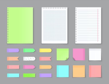 Yapışkan defter kağıdı. Yapışkan çıkartmalar ve ızgara kareler ve çizgiler ile boş renkli levhalar. Vektör boş yırtık sayfalar