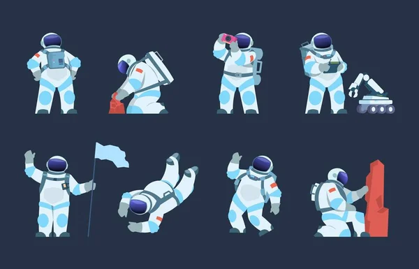 Personagem de astronauta. Desenho de desenho animado, cosmonauta em movimento, levando selfie voando e caminhando. Explorador de vetores no conjunto de trajes espaciais — Vetor de Stock