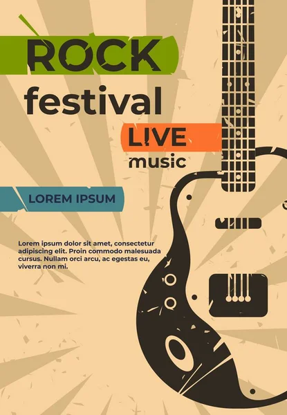 Guitar poster. Music jazz rock concert or party flyer, festival show or event retro grunge card. Vector placard with electric guitar — Stock Vector