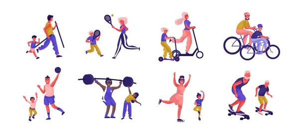 Actividades deportivas para padres e hijos. Personajes familiares activos de dibujos animados que juegan juegos y pasan tiempo juntos. Vector escenas planas — Archivo Imágenes Vectoriales