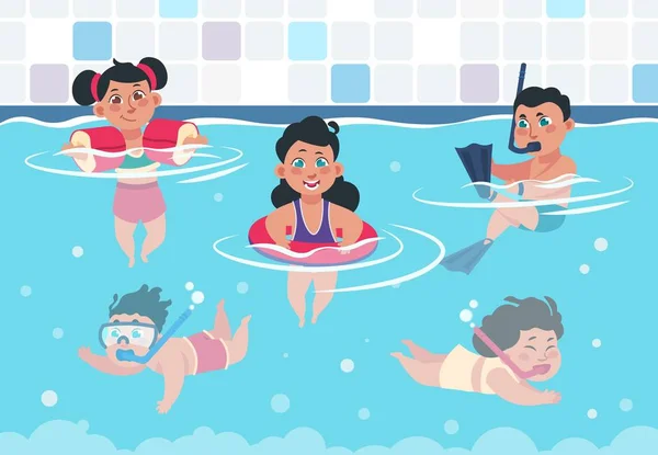 Niños nadando. Dibujos animados niños felices en una piscina, niños planos y niñas nadando y jugando en trajes de baño. Actividades vectoriales de verano — Vector de stock