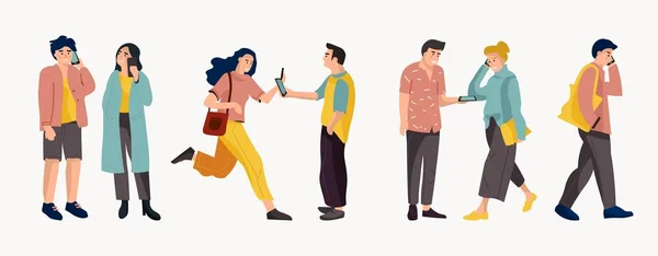 Gente hablando por teléfono. Los trabajadores de oficina de dibujos animados de moda y diversas personas que hablan por teléfono. Conversación vectorial un diálogo — Vector de stock