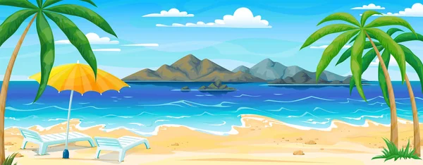 Mar praia verão paisagem. Panorama da costa oceânica com areia e palmeiras, banner de viagem de férias. Fundo horizontal vetorial —  Vetores de Stock