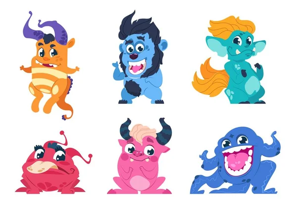 Cartoon monsters. Cute little angry animals, mascot characters with smiles and troll faces for stickers and emblems. Vector goblin set