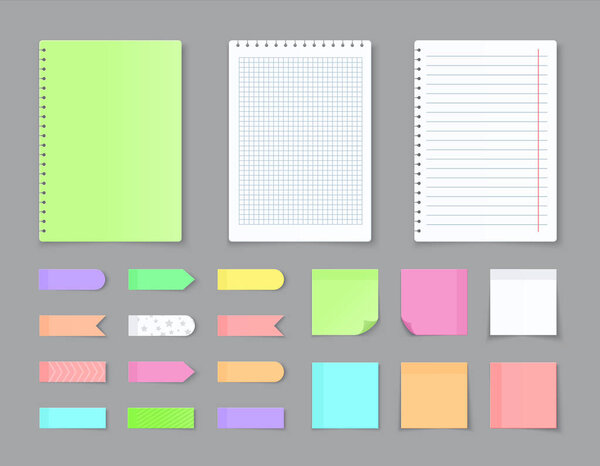 Sticky notebook paper. Adhesive stickers and blank colored sheets with grid squares and lines. Vector empty ripped pages