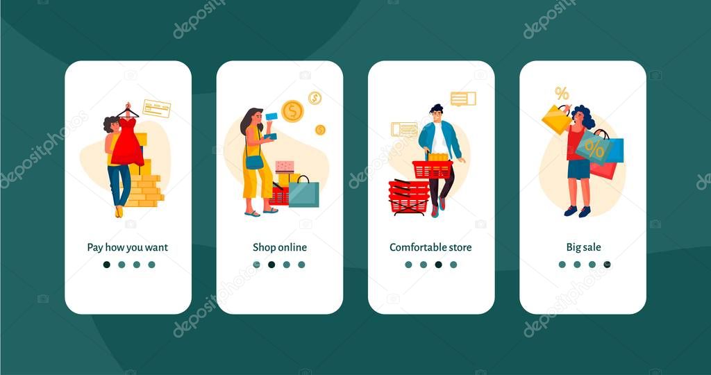 Shopping people onboard screen. Trendy scenes with shopping happy people, e-commerce mobile app banners. Vector discount app mockup