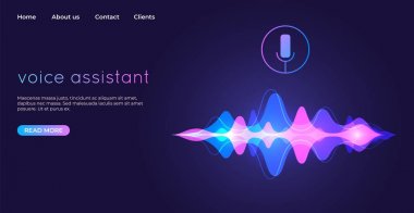 Ses asistanı açılış sayfası. Ses tanıma çizimi. Mikrofon ses kontrol teknolojisi Web sayfası
