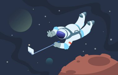 Selfie astronot. Fanny kozmonot akıllı telefonda uzayda fotoğraf çekmek. Vektör karikatür sevimli Spaceman poster