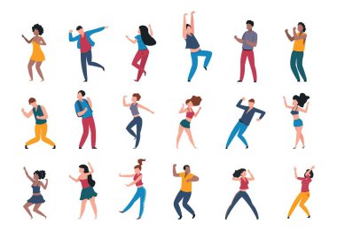 Dans eden insanlar. Trendy parti karikatür kalabalık, modern genç dans karakterleri, arkadaşlar çiftler ve mutlu kişiler. Vector Club partisi