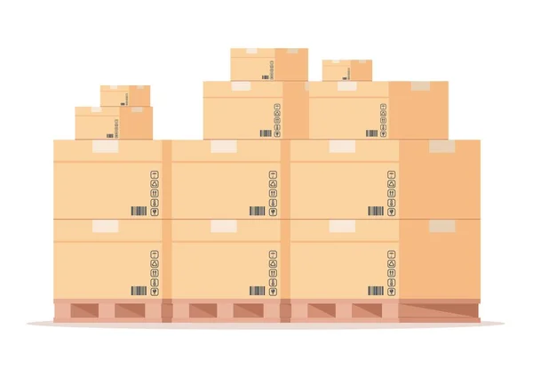 Paleta de caja de cartón. Paquetes de cartón de almacén plano apilan, paquetes de envío con vista frontal en almacenamiento. Paletas de madera aisladas vectoriales — Archivo Imágenes Vectoriales