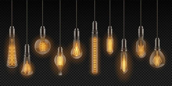 stock vector Realistic light bulbs. Vintage lamps hanging on wires, decoration glowing retro objects. Vector incandescent filament lamps set