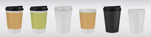 Taza de café de papel realista. Taza 3D blanca y marrón maqueta para bebidas calientes sobre fondo transparente. Vector taza de té de plástico — Vector de stock