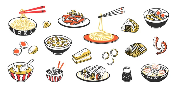 Doodle Aziatisch eten. Chinese noedels soep vlees plakjes en sauzen. Vector Vintage schets van oosterse keuken met voedsel stokken kommen schalen — Stockvector