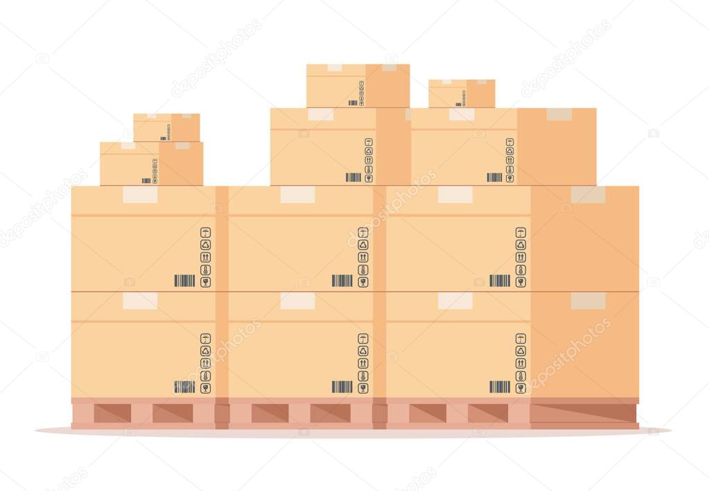Carton box pallet. Flat warehouse cardboard packages stack, front view shipping parcels on storage. Vector isolated wooden pallets