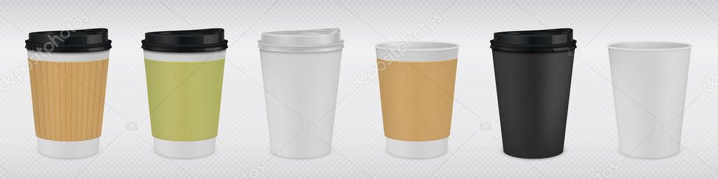 Realistic paper coffee cup. White and brown 3D mug mock up for hot drinks on transparent background. Vector illustration design black plastic tea cup