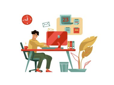 Bilgisayarda çalışan karakter. Evde veya kafede dizüstü bilgisayar ile yaratıcı adam ile Trendy modern sahne. Vektör karikatür mutlu tasarımcı
