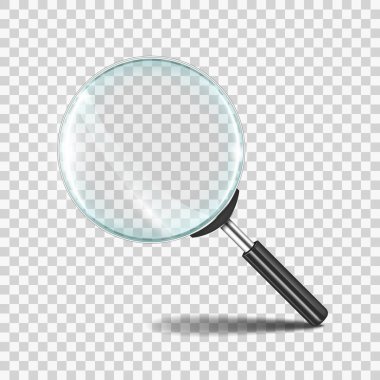 Büyüteç. Şeffaf cam ile gerçekçi zoom lens simgesi, araştırma loupe 3d kavramı. Vektör arama aracı sembolü