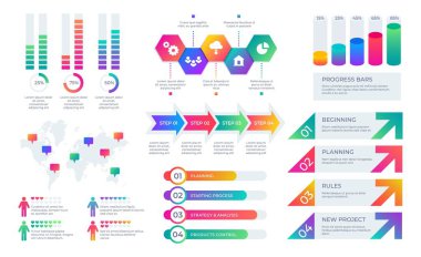 Grafik öğeleri. İş sunumu grafik düzeni, çubuklar ve diyagramlar ile kurumsal rapor zaman çizelgesi. Vektör finansal infografik seti