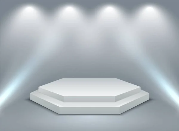 Pódio iluminado hexagonal. pódio de dois estágios 3D, pedestal ou plataforma com iluminação de holofotes. Prémio de ilustração vetorial — Vetor de Stock