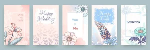 Αφίσες με χειροποίητα λουλούδια. Μόδα vintage καλοκαιρινά μοτίβα και πλακάτ, μοντέρνα βοτανικά φυλλάδια. Κάρτες λουλουδιών — Διανυσματικό Αρχείο