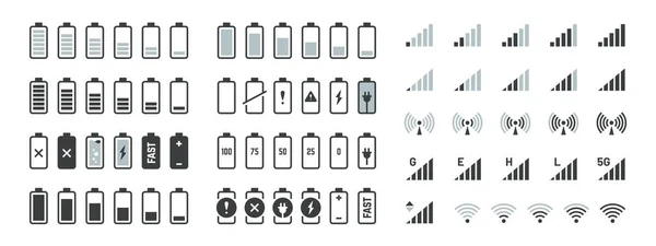 Icônes de batterie. Niveau de charge noir gsm et la force du signal wifi, éléments smartphone UI ensemble. Vecteur plein état de charge faible et vide, charge de progression du signe intelligent — Image vectorielle