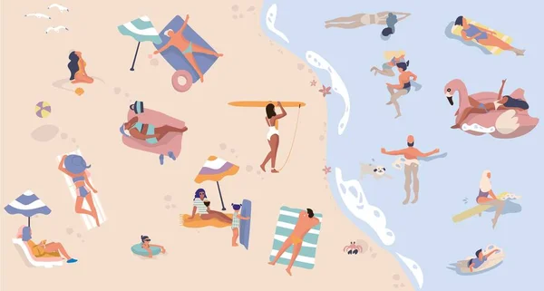 Літній пляж з людьми. Чоловіки і жінки проводять відпустку, плавають, брешуть і сидять герої мультфільмів. Векторна сцена моря — стоковий вектор