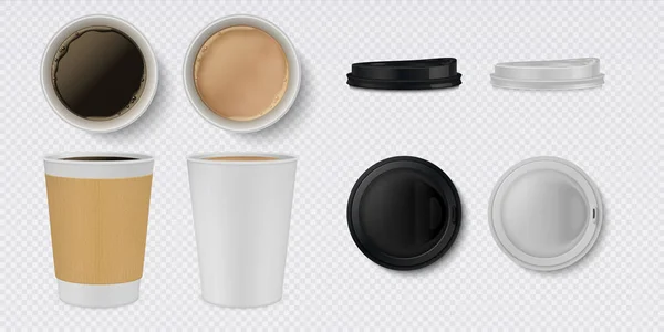 Taza de café de papel realista. Taza 3D blanca y marrón y tazas maqueta con vista superior. Conjunto de recipiente de bebida caliente vectorial café — Vector de stock