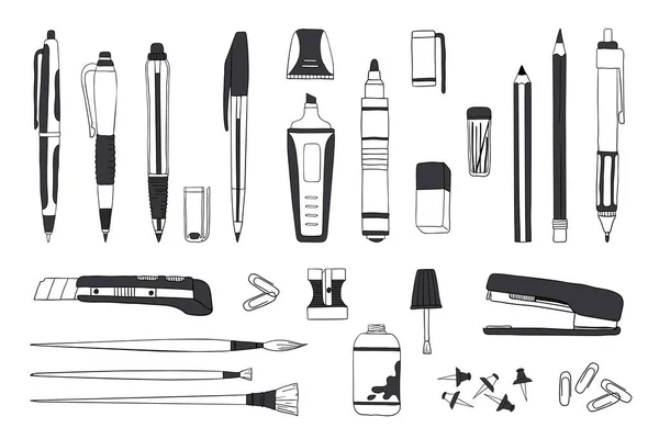 Hand getekende briefpapier. Doodle pen potlood en Paintbrush tools, school en kantoor accessoires schets. Vector briefpapier set — Stockvector