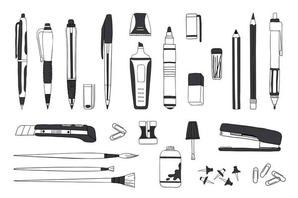 Papeterie dessinée main. Doodle stylo crayon et pinceaux, école et accessoires de bureau croquis. Ensemble de papeterie vectorielle — Image vectorielle