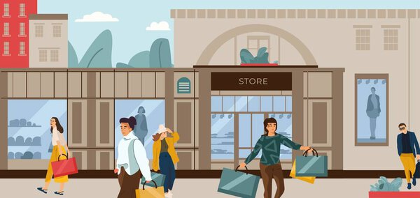 Shopping people. Trendy cartoon characters at fashion boutique, city street scene with clothing outlets. Vector flat customers set