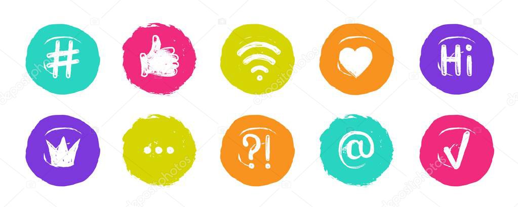 Hashtag social banners. Trendy blogs quotes on speech bubbles, popular social media topics. Vector hand doodle icon set