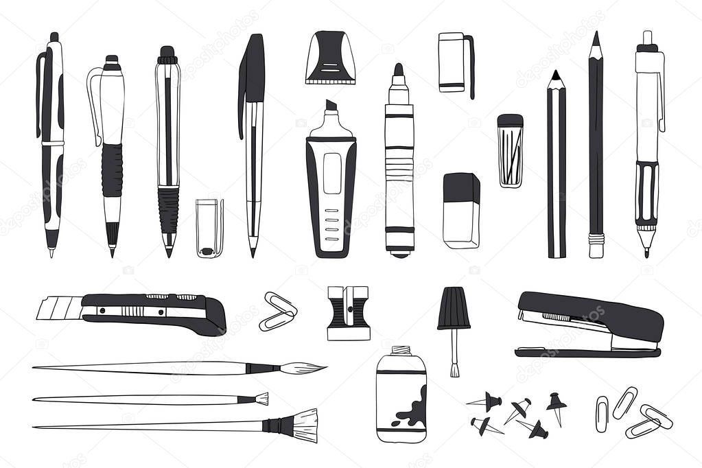 Hand drawn stationery. Doodle pen pencil and paintbrush tools, school and office accessories sketch. Vector stationery set