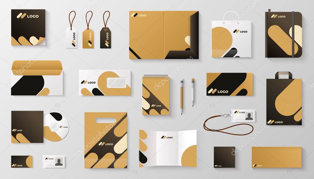 Set of corporate identity branding mockup. Realistic office stationery branding business card letter envelope mug brand brochure cover. Vector mock up image corporative it branding