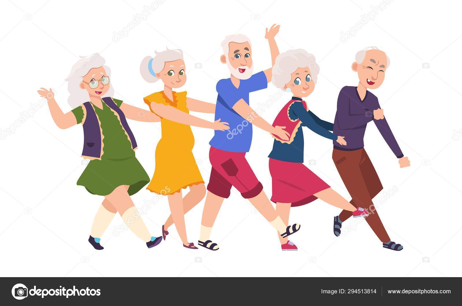 Image vectorielle Les vieux dansent. Divers personnages de dessins animés  âgés dansant une ligne de conga, des gens drôles heureux. Ensemble de  grands-parents actifs vectoriels par ©SpicyTruffel - 294513814, image size:1600x1060