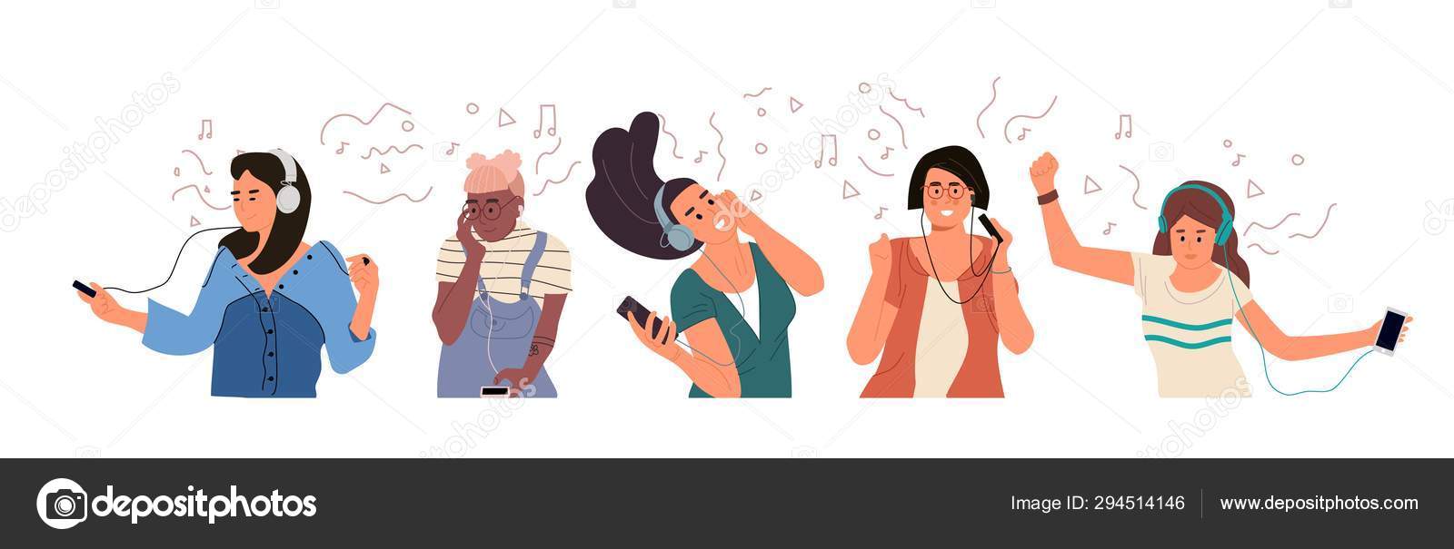 헤드폰을 가진 사람들. 용소년과소녀들은 음악을 듣고 소리를 즐긴다. 벡터 손으로 그린 만화 캐릭터 세트 스톡 벡터 -  ©SpicyTruffel 294514146, image size:1600x605
