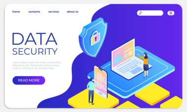 Veri güvenliği isometrik iniş konsepti. Verileri ve gizlilik web sitesi şablonu koruyun. Vektör illüstrasyon güvenli sistem