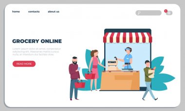 Online bakkal gıda teslimat açılış sayfası. Kurye servisi, mal nakliye web sitesi. Gıda online sipariş düz vektör web sayfası şablonu