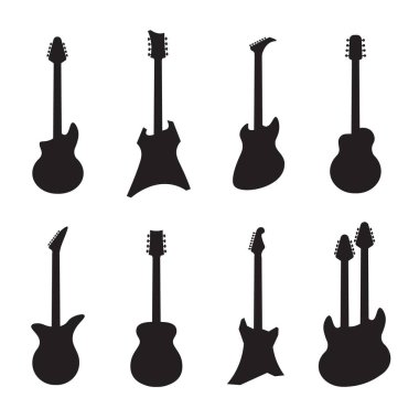 Gitar siluetleri. Siyah akustik ve elektrikli müzik yaylı çalgılar. Vektör rock ve caz gitar beyaz izole